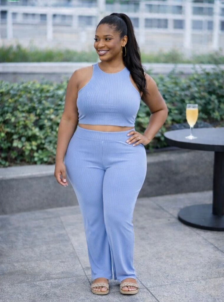 Plus Ribbed Cropped Top And Bootcut Pants Sets