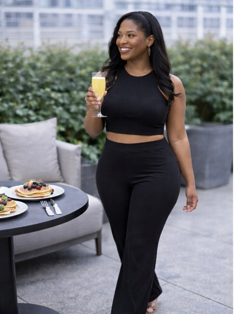 Plus Ribbed Cropped Top And Bootcut Pants Sets