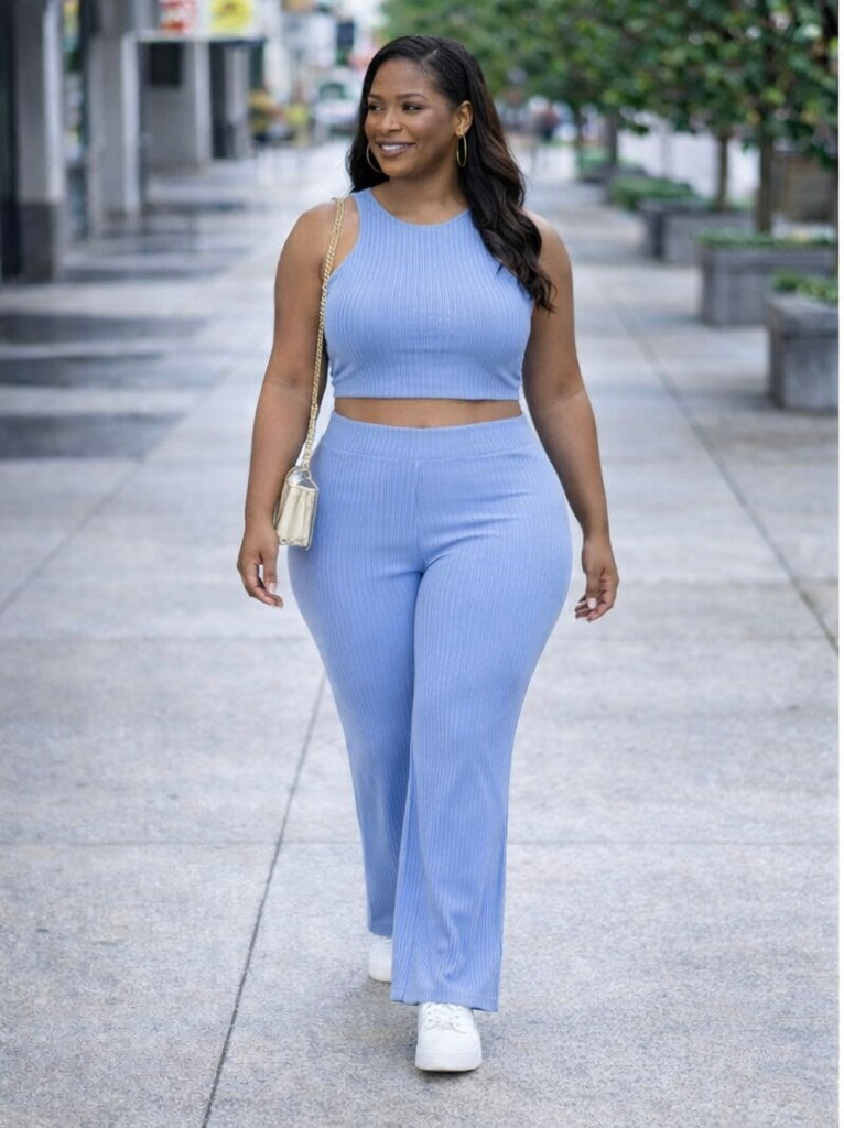 Plus Ribbed Cropped Top And Bootcut Pants Sets