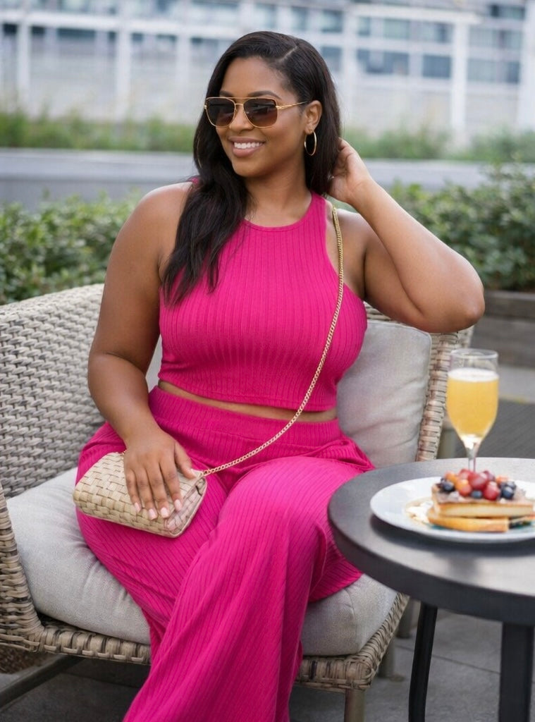 Plus Ribbed Cropped Top And Bootcut Pants Sets