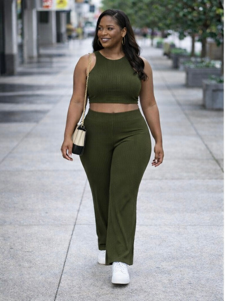 Plus Ribbed Cropped Top And Bootcut Pants Sets