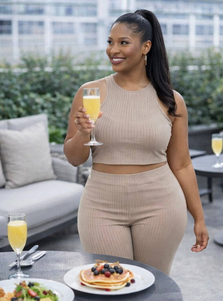 Plus Ribbed Cropped Top And Bootcut Pants Sets