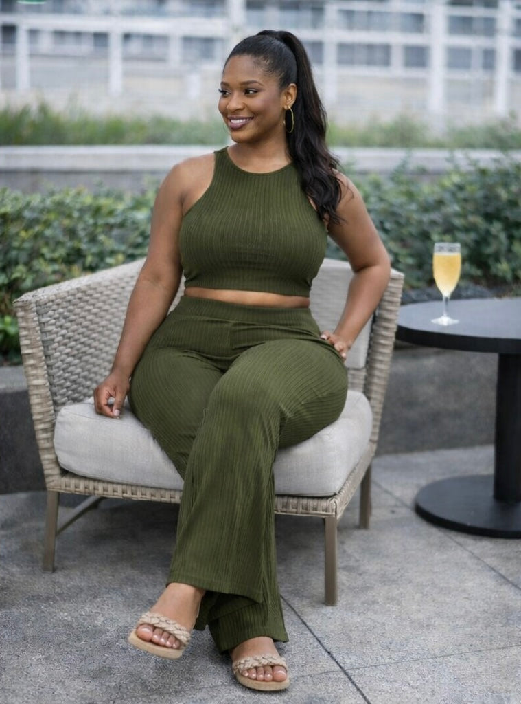 Plus Ribbed Cropped Top And Bootcut Pants Sets