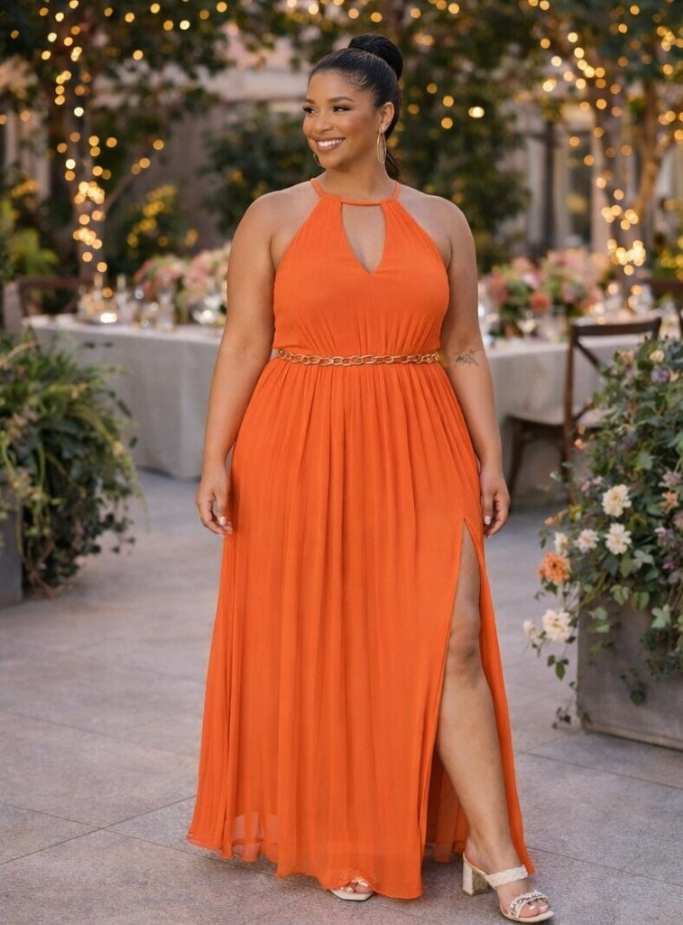 Chiffon Pleated Gold Trim Neck & Belt Cut Out Chest Maxi Dress