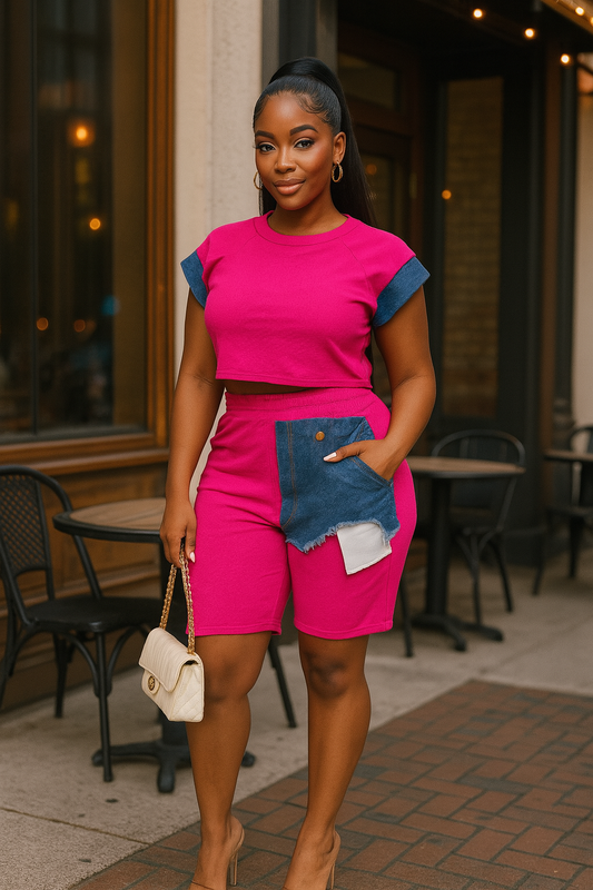 Color Block Denim Sleeve Top And Biker Shorts Set