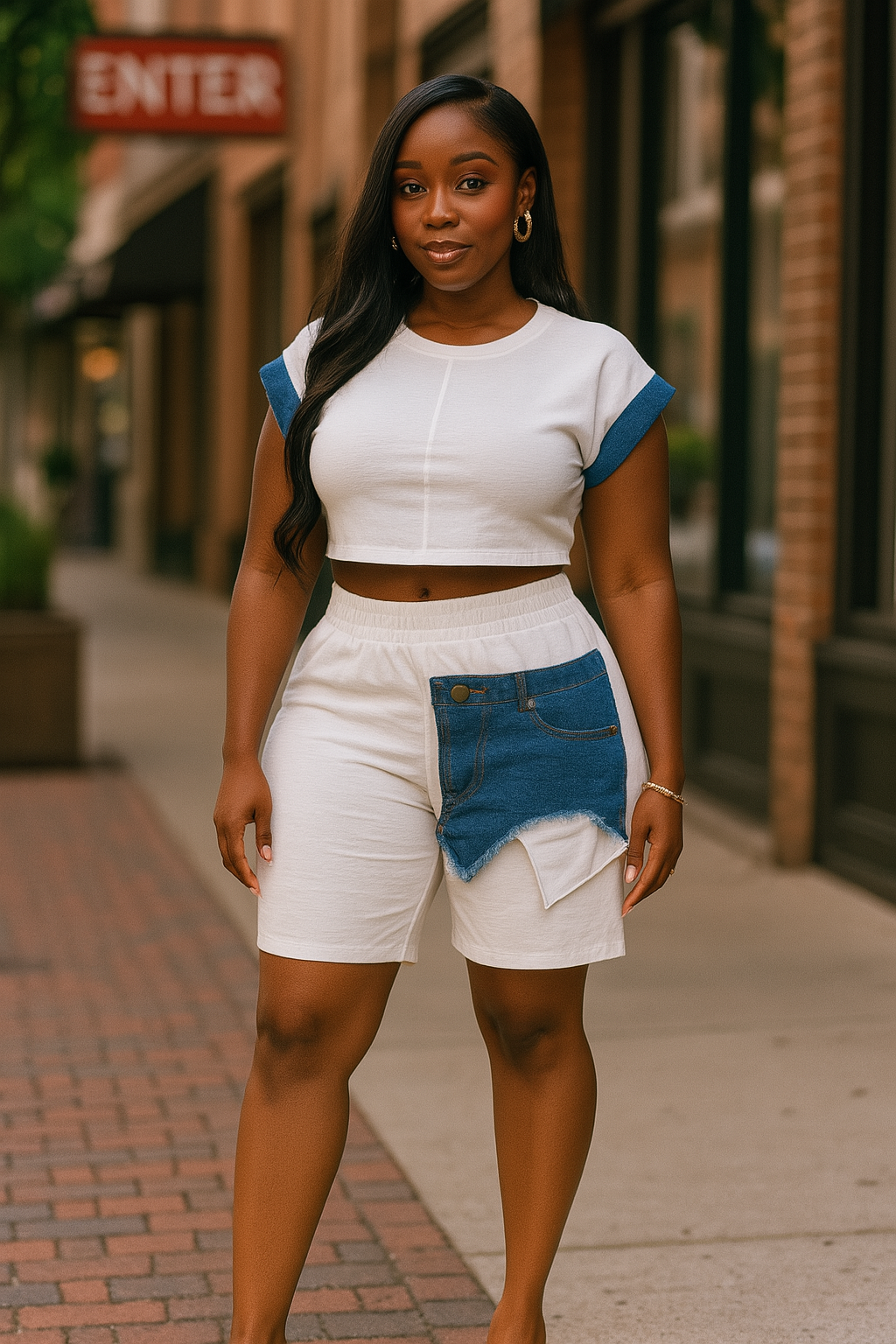 Color Block Denim Sleeve Top And Biker Shorts Set