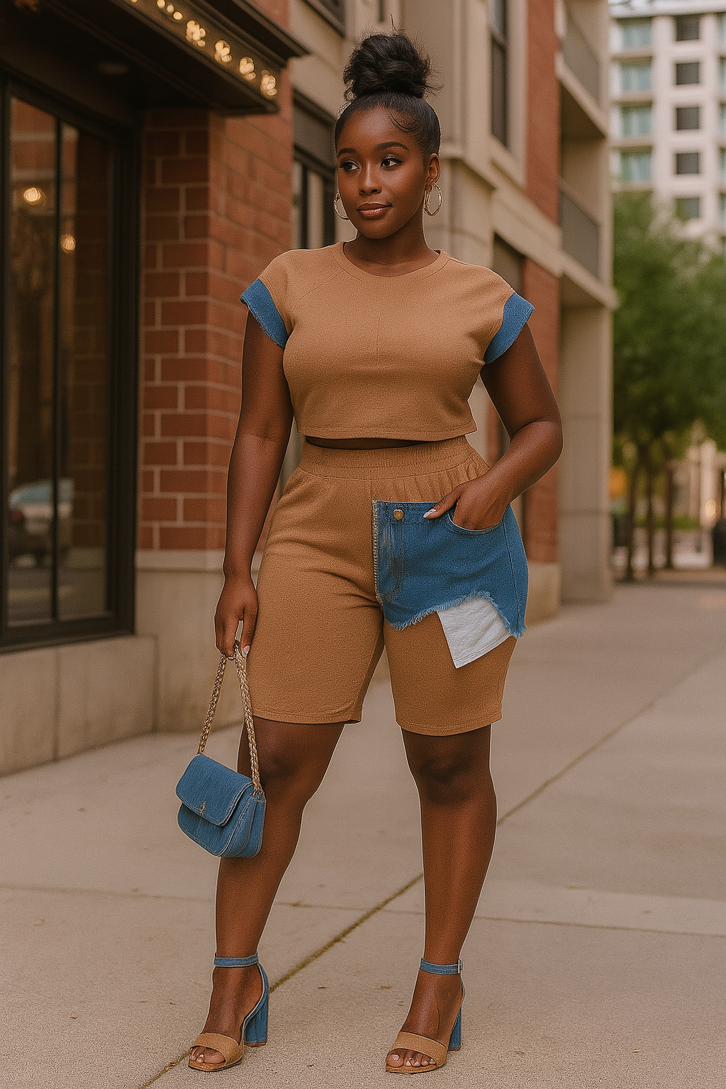 Color Block Denim Sleeve Top And Biker Shorts Set