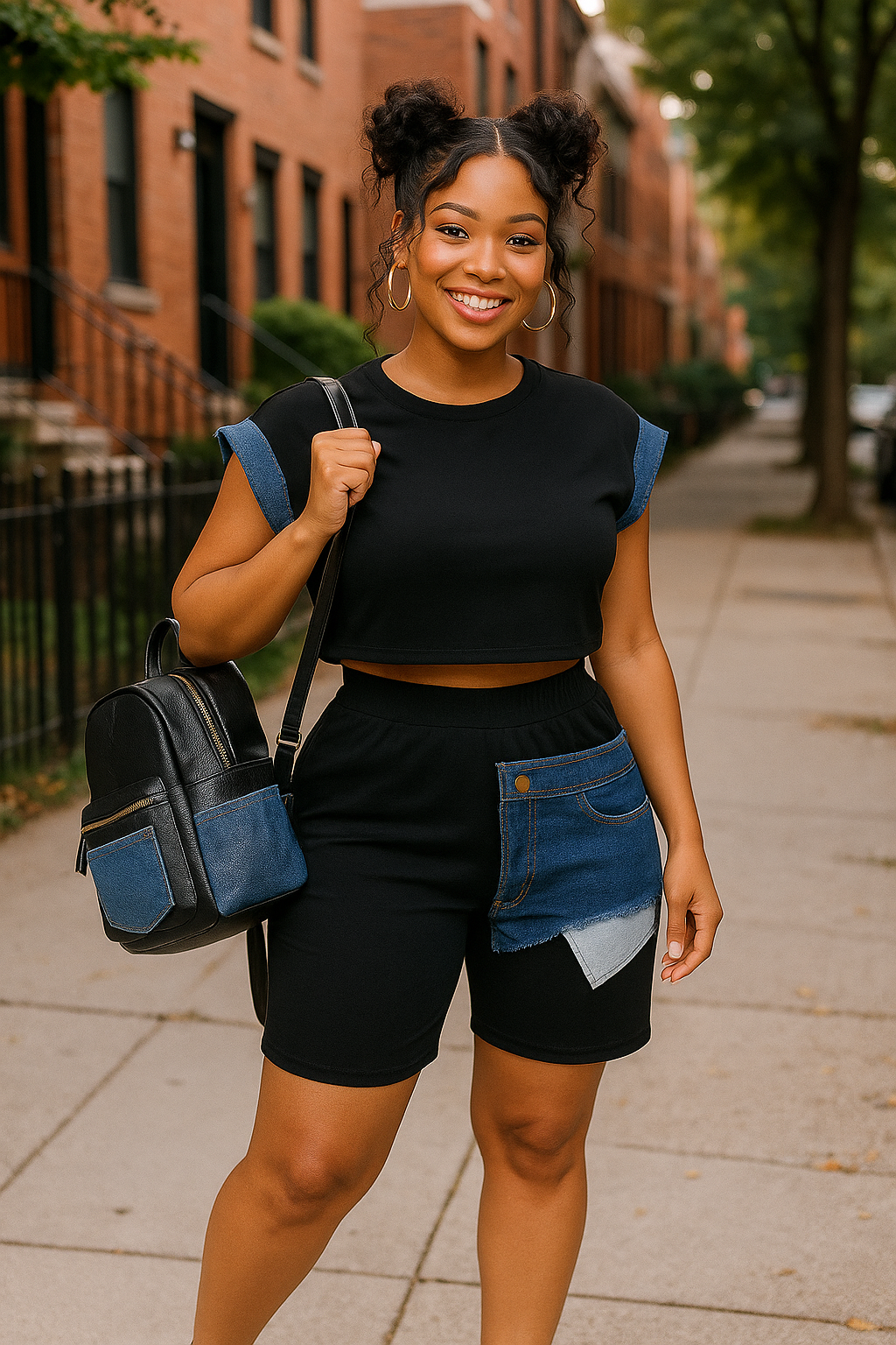 Color Block Denim Sleeve Top And Biker Shorts Set
