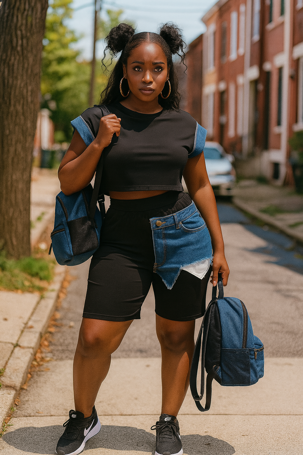 Color Block Denim Sleeve Top And Biker Shorts Set