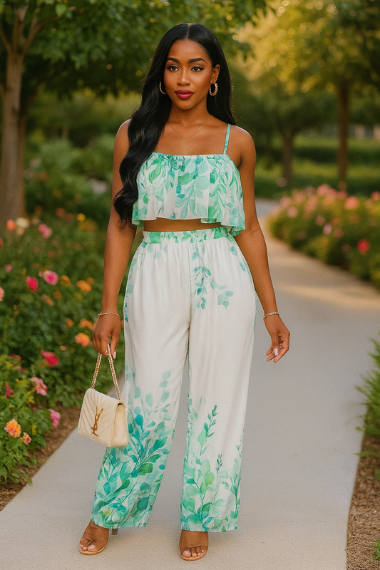 Printed Crop Top & Wide Leg Long Pants Set