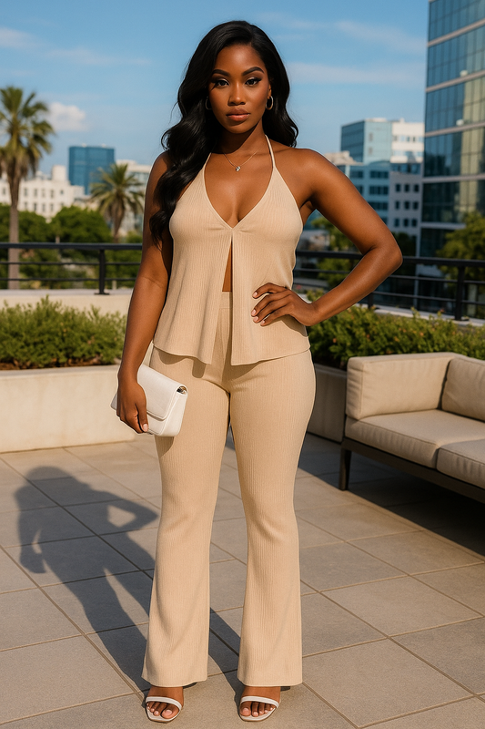 Split Front Backless Halter Top & Flare Pants Set