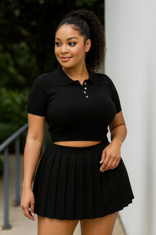 Cropped Polo Sweater Shirt And Skirt Set