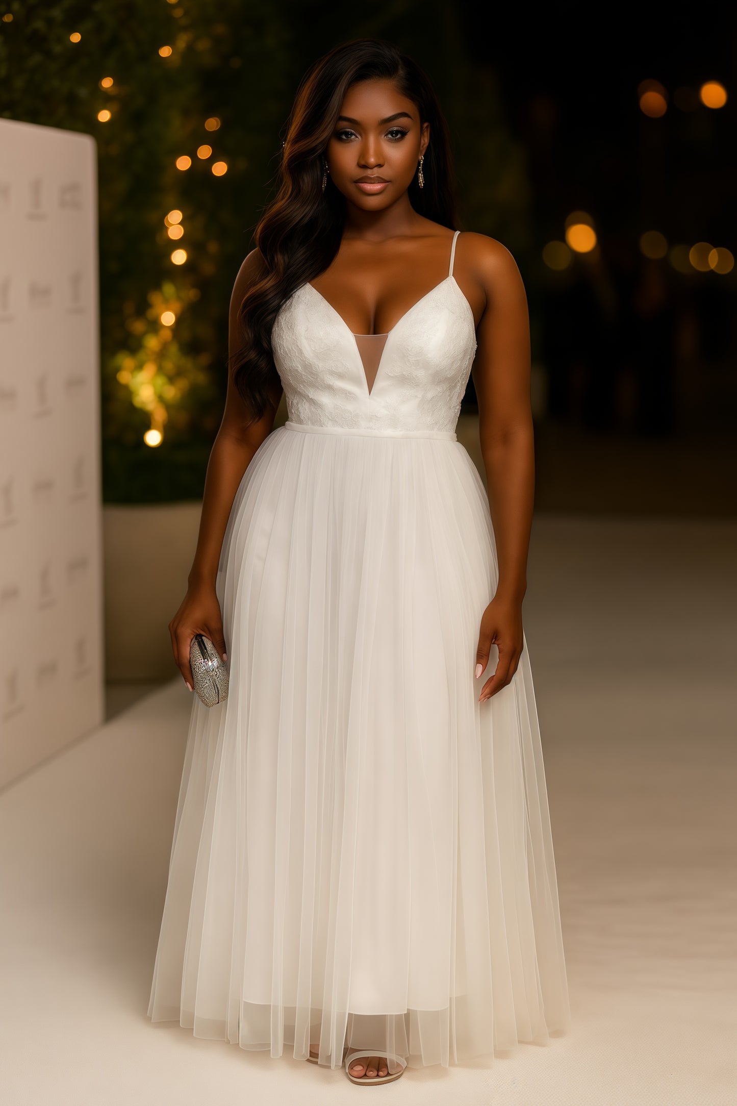 Glittered Straps Mesh Tulle Maxi Dress