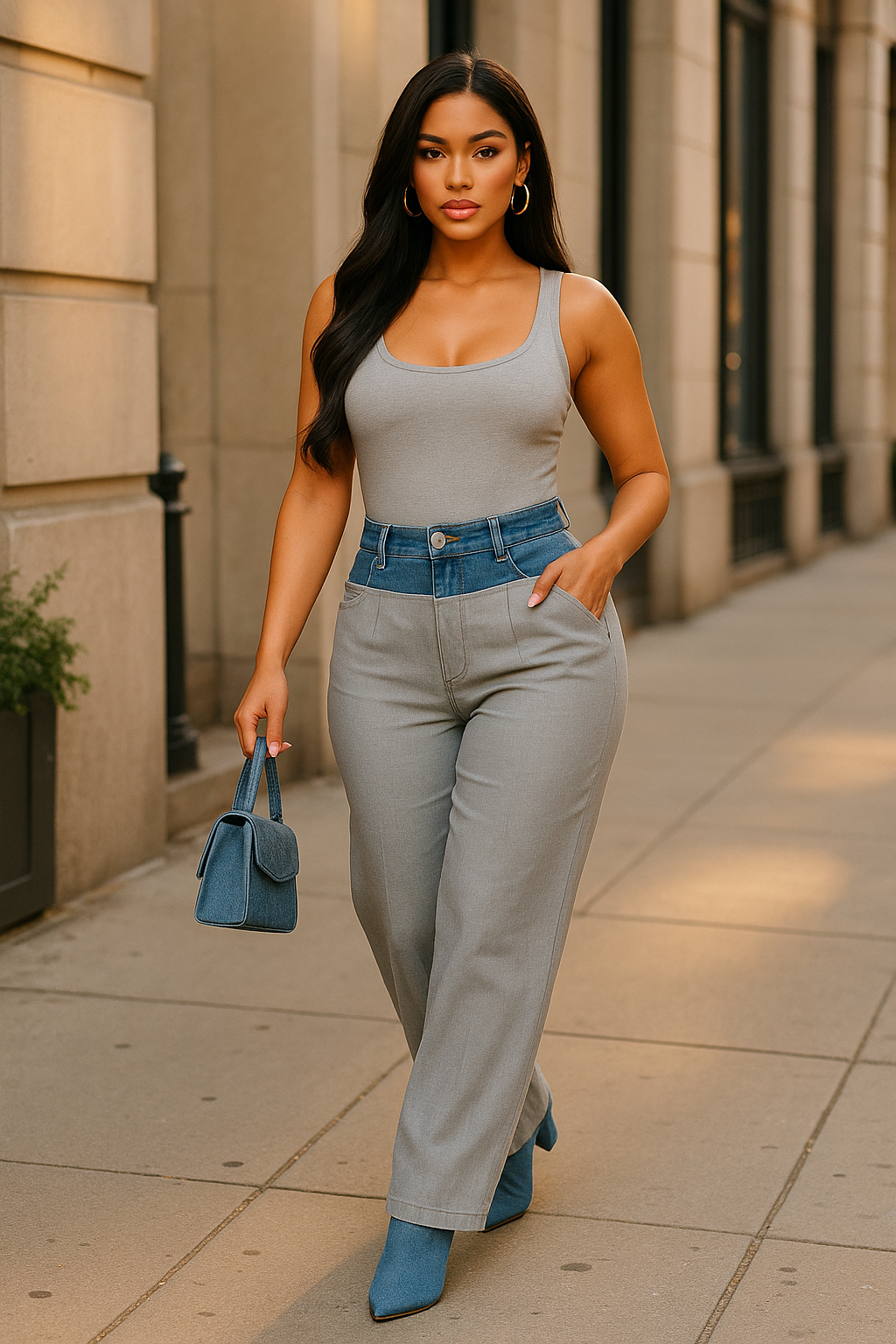 Contrast Denim Waist Straight Long Pants