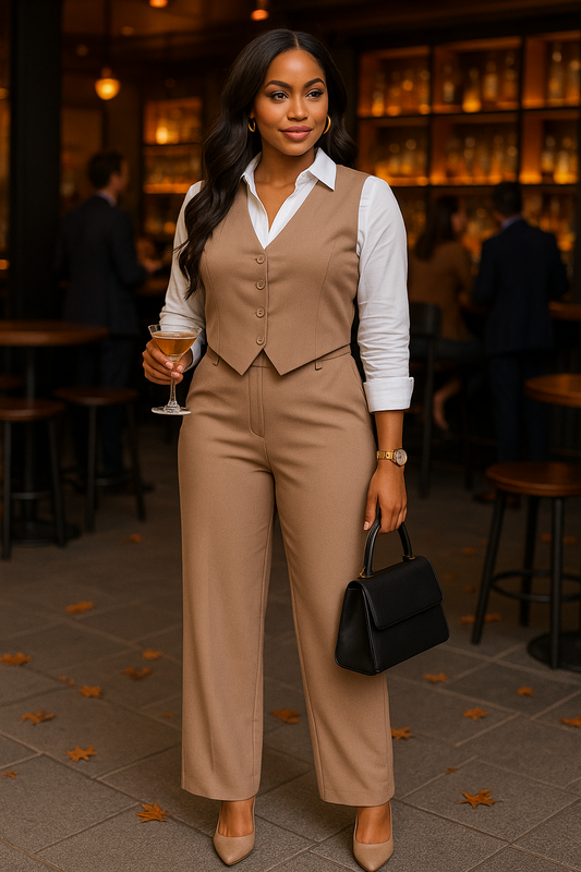 Tailored Button Vest With Adjustable Back Tie & Wide Leg Pants Set