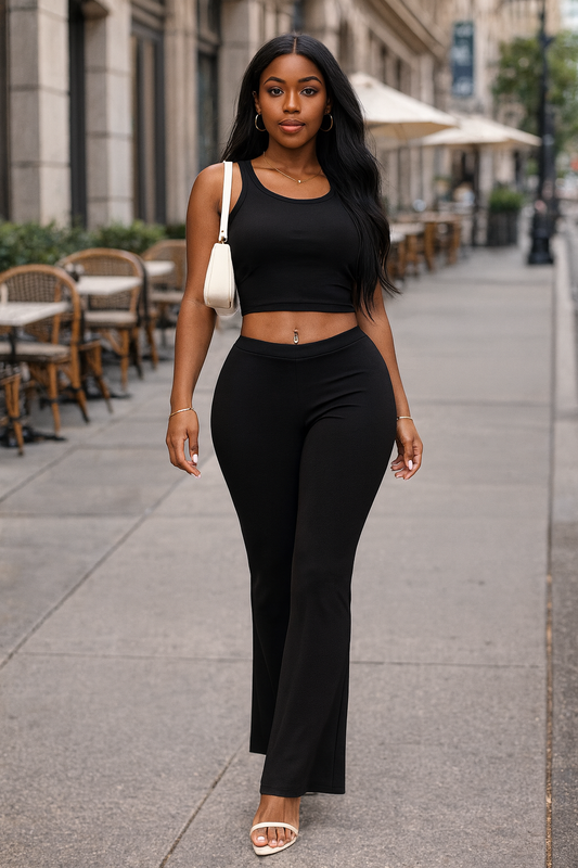 Ribbed Sleeveless Crop Top & Flared Pants Set