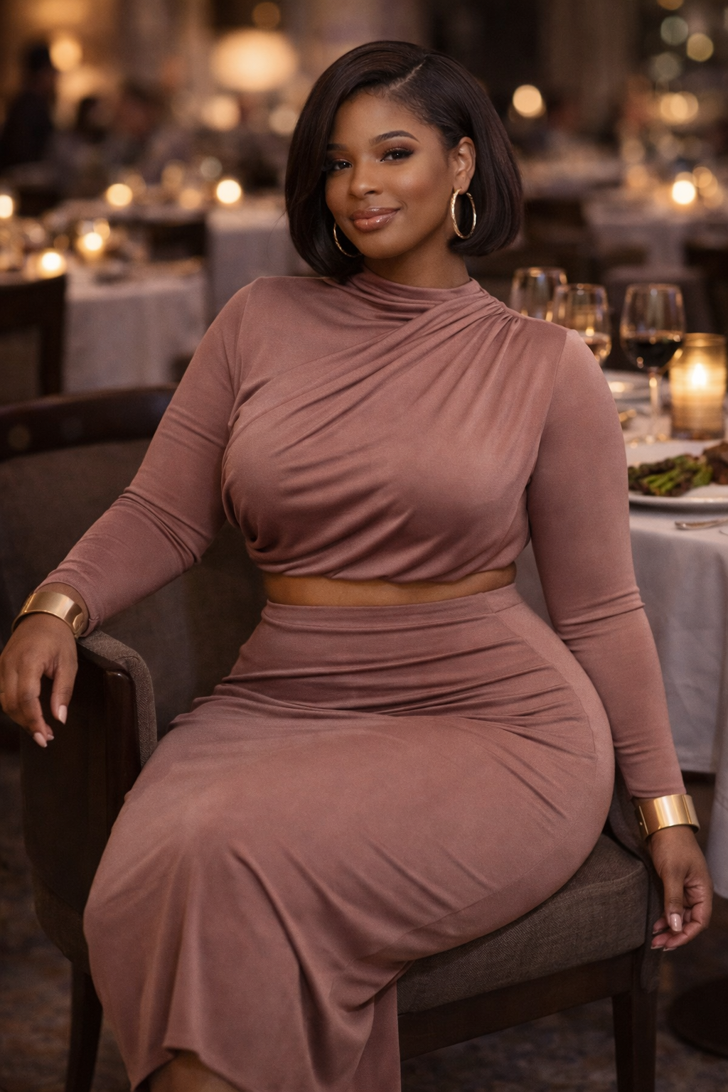 Plus Size Shirring Detailed Top & Long Skirt Set