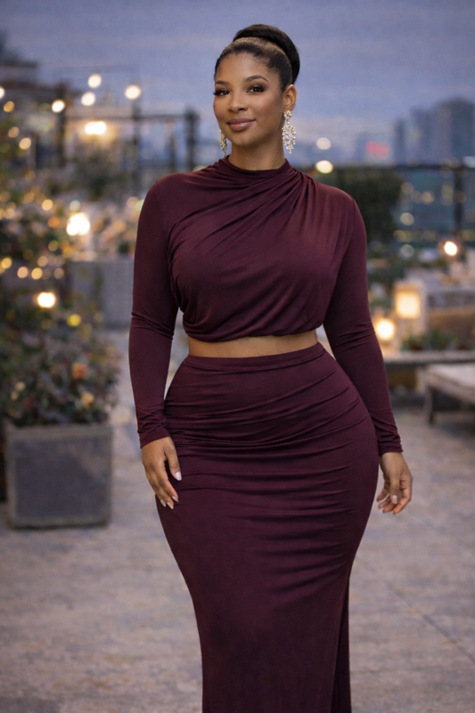 Plus Size Shirring Detailed Top & Long Skirt Set