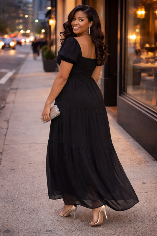 Front Tie Puff Sleeve Tired Maxi Dress