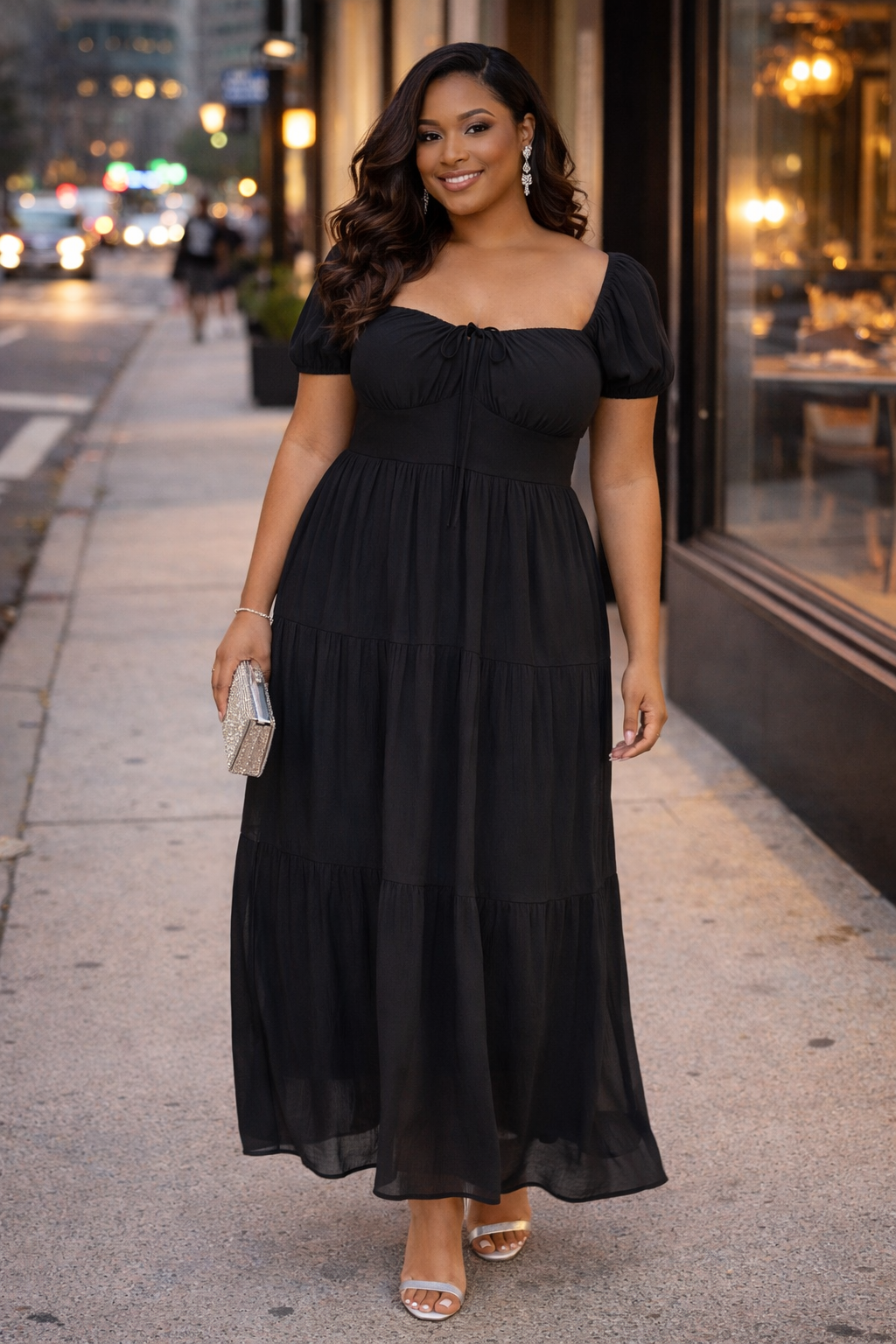 Front Tie Puff Sleeve Tired Maxi Dress