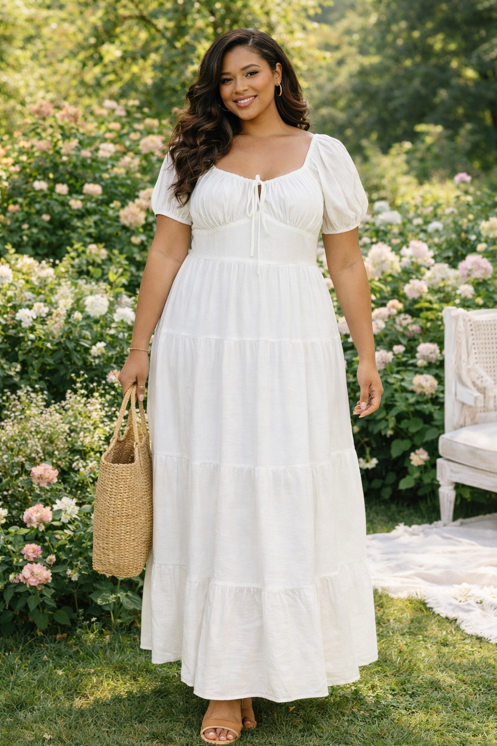 Front Tie Puff Sleeve Tired Maxi Dress