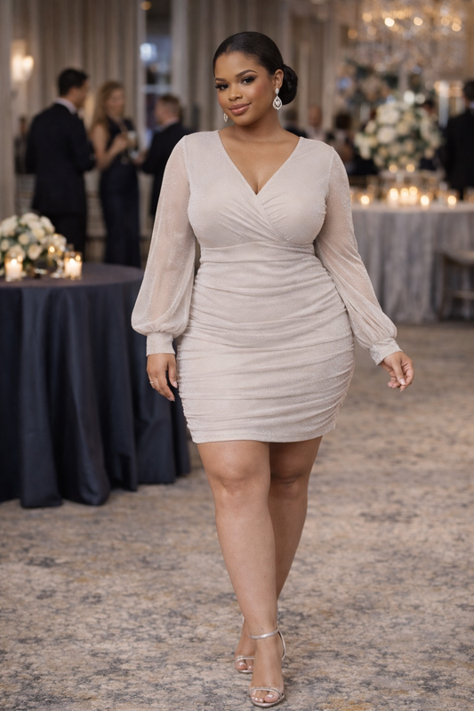 Glitter Mesh Shirring Side Plus Mini Dress