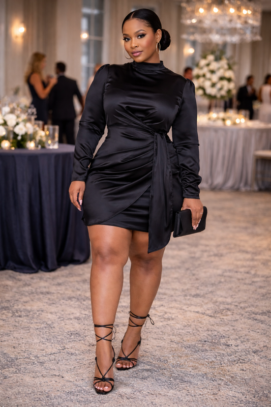 Satin Mock Neck Rouched Mini Dress