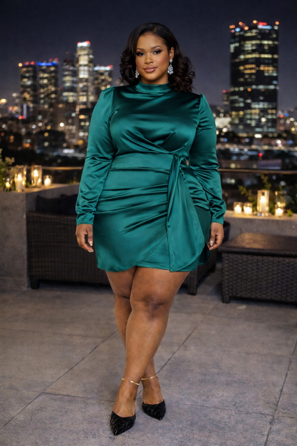 Satin Mock Neck Rouched Mini Dress