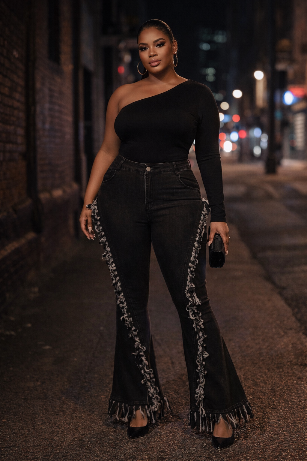 Plus Size Distressed Fringe Denim Flared Pant