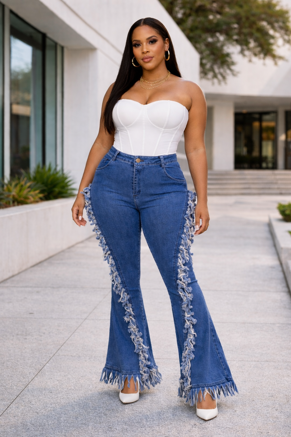 Plus Size Distressed Fringe Denim Flared Pant