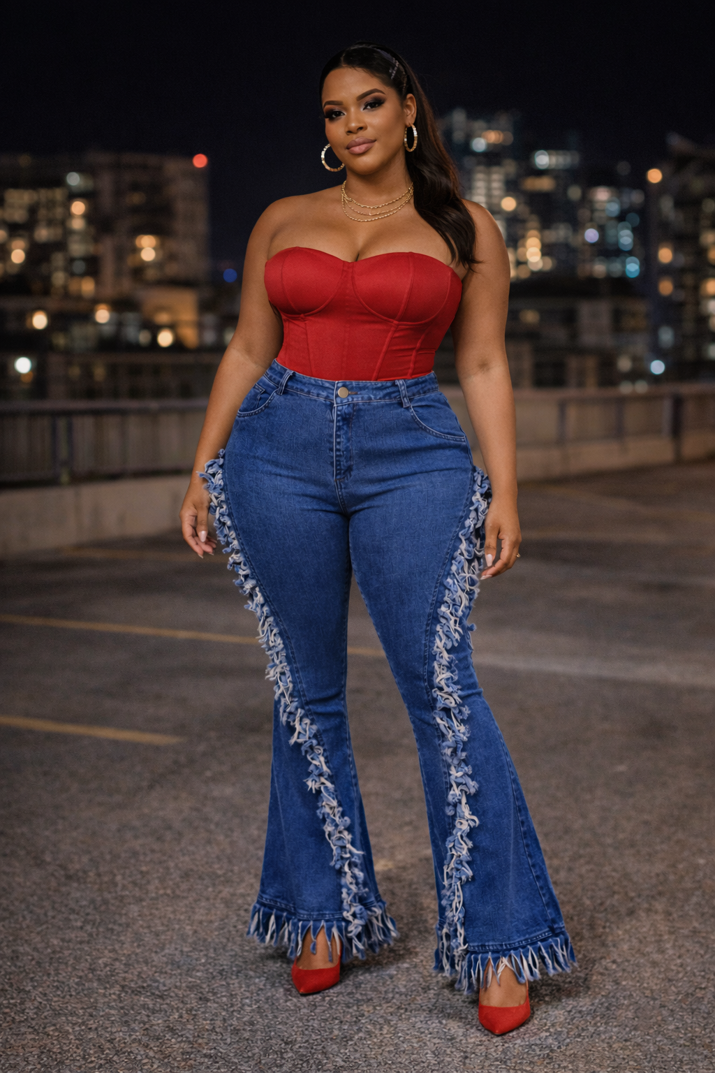 Plus Size Distressed Fringe Denim Flared Pant