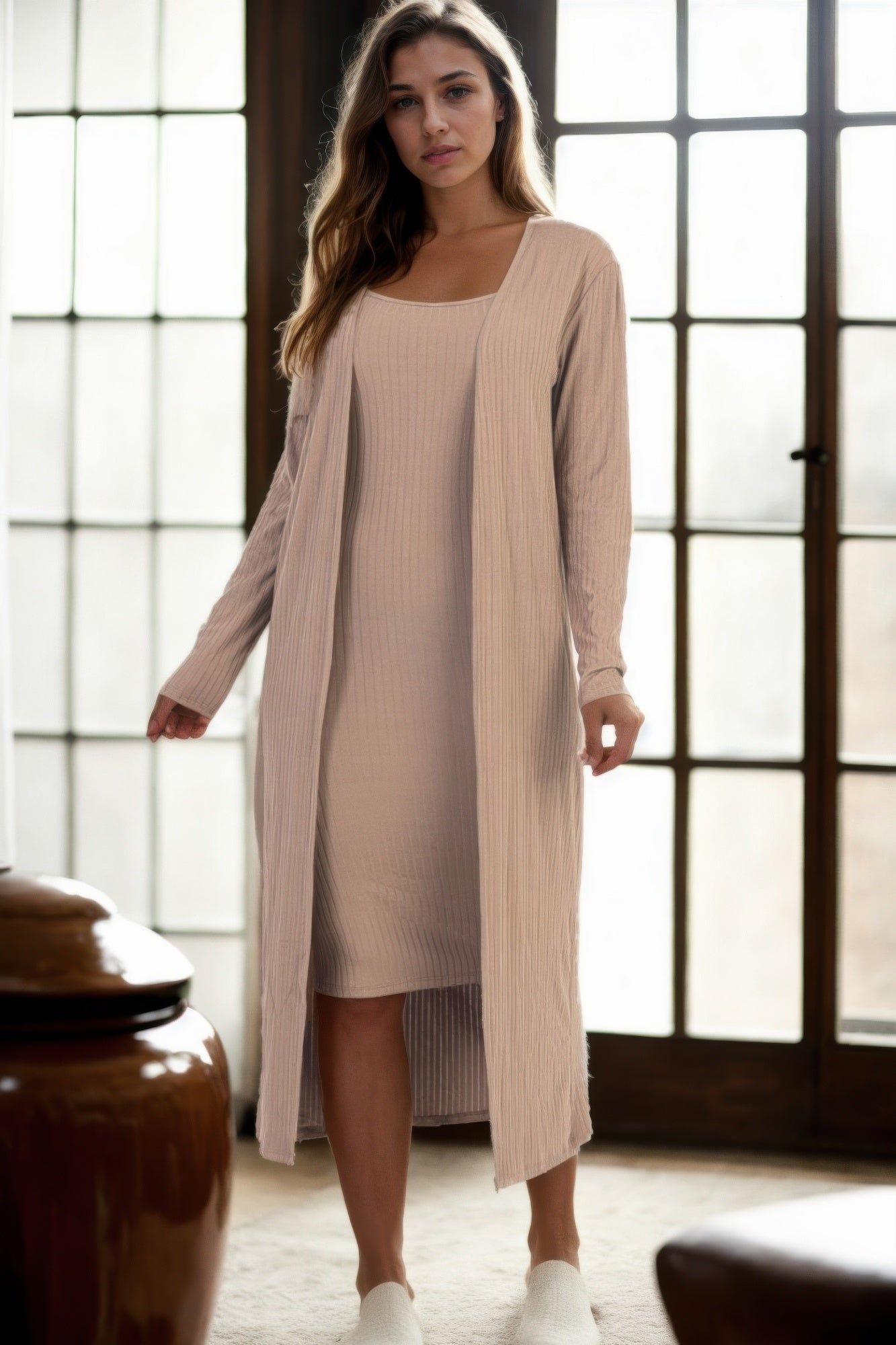 Ribbed Cardigan & Cami Midi Bodycon Dress Rust / M
