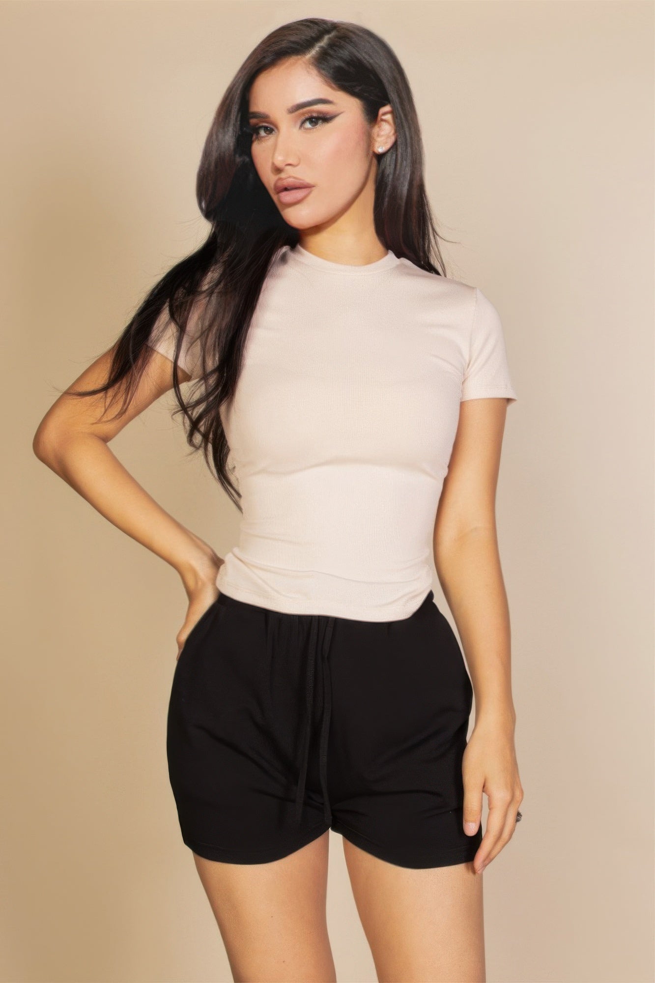Ribbed Round Neck Short Sleeve Top | APPAREL, Black, CCPRODUCTS, Fuchsia, NEW ARRIVALS, Stone, TOPS, White | Style Your Curves