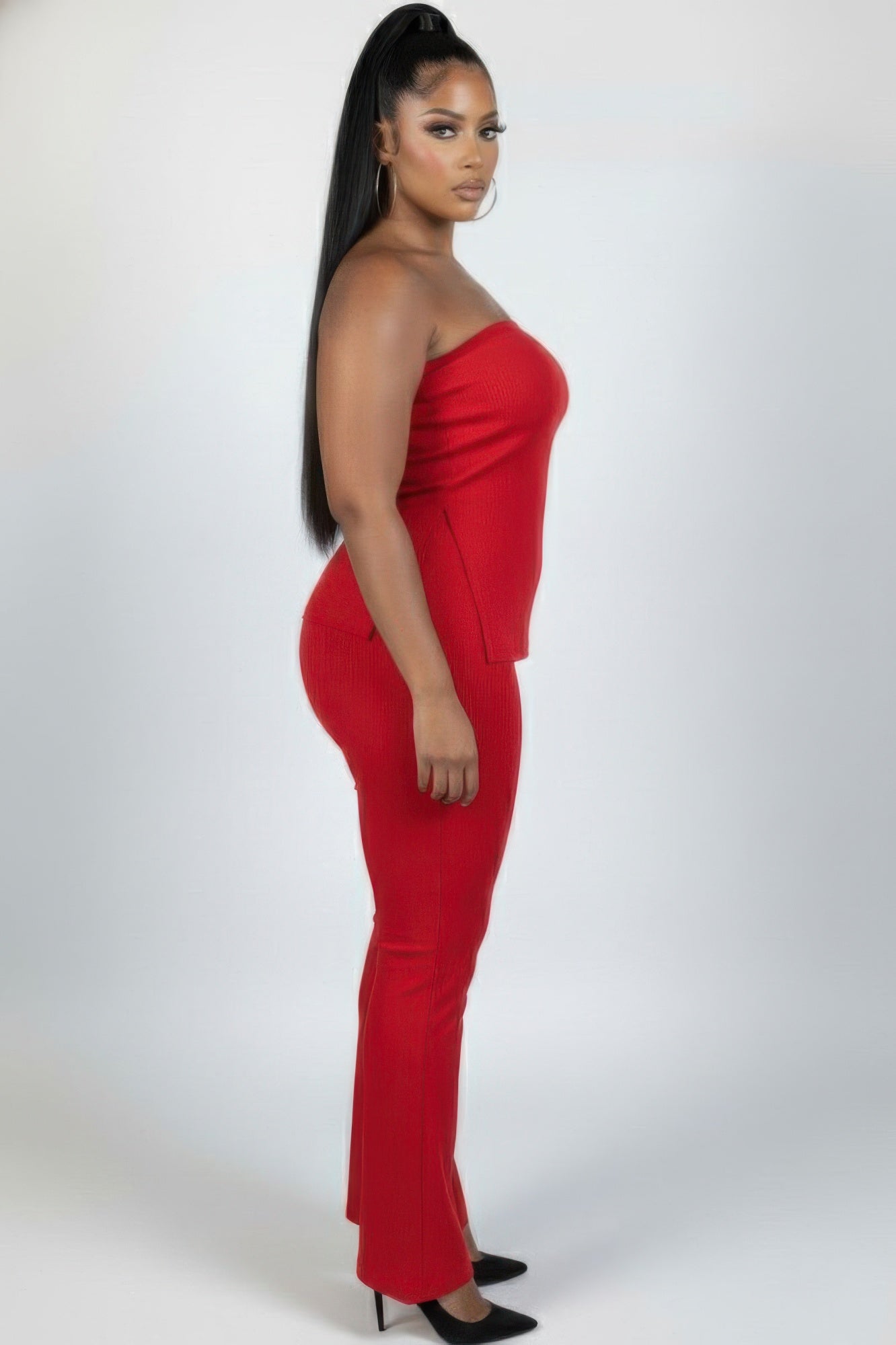 Plus Size Ultra-Fine Ribbed Slit Tube Top & High-Waist Flare Pants Set - RUST / 1X Plus Size Ultra-Fine Ribbed Slit Tube Top & High-Waist Flare Pants Set - RUST / 1X