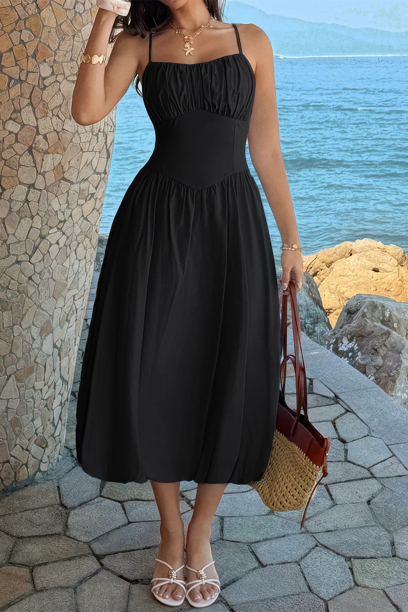 Solid Sleeveless Ruched Bust A Line Dress Blue / M