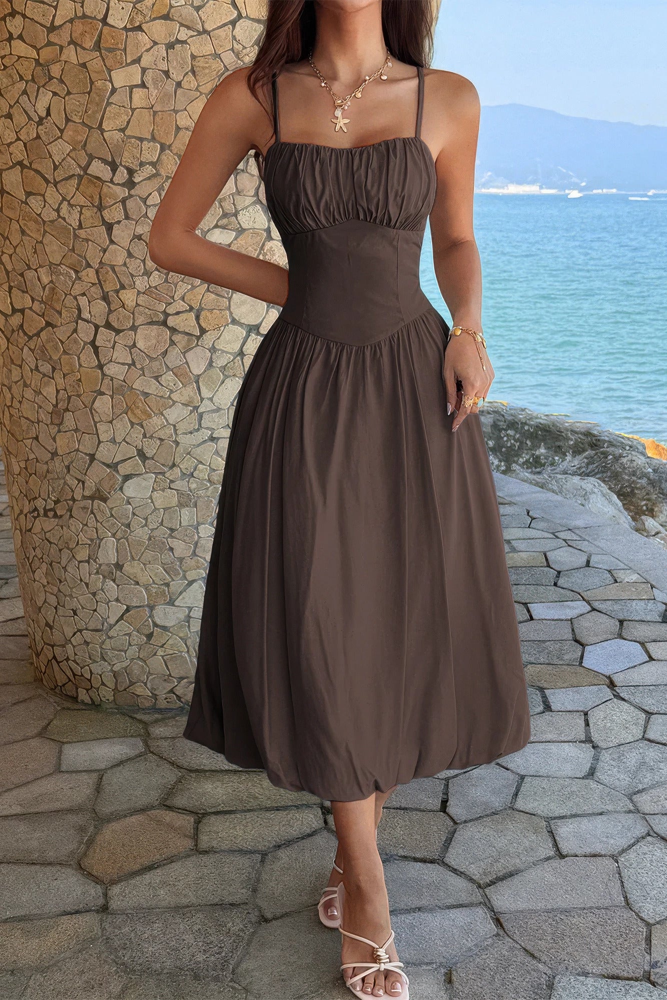 Solid Sleeveless Ruched Bust A Line Dress Blue / M