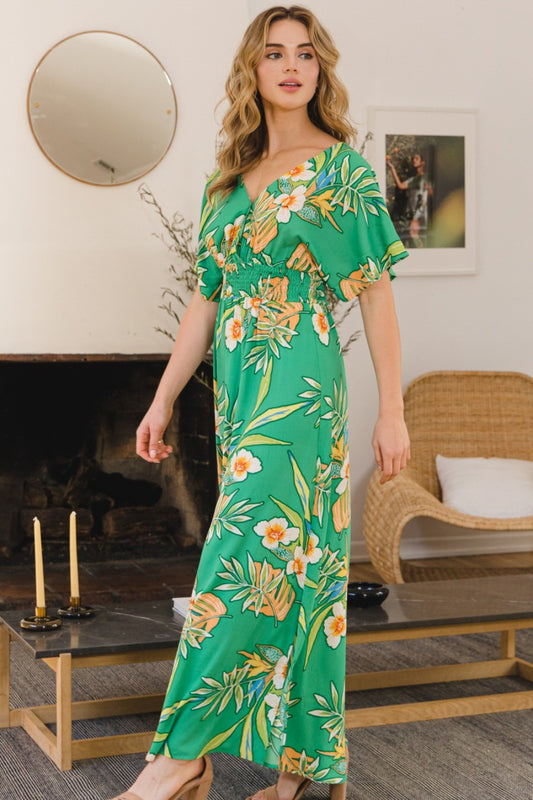 ODDI Full Size Floral Smocked Tied Back Maxi Dress | Dresses | NEW ARRIVALS, ODDI, Ship from USA | Trendsi