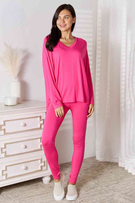 V-Neck Soft Rayon Long Sleeve Top and Pants Lounge Set | Basic Bae, NEW ARRIVALS, Ship from USA | Trendsi