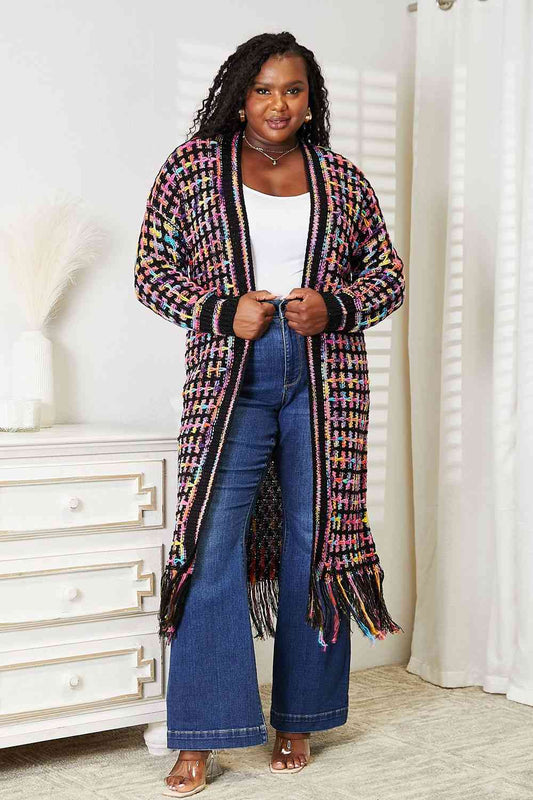 Double Take Full Size Multicolored Open Front Fringe Hem Cardigan | Double Take, NEW ARRIVALS, Ship from USA | Trendsi