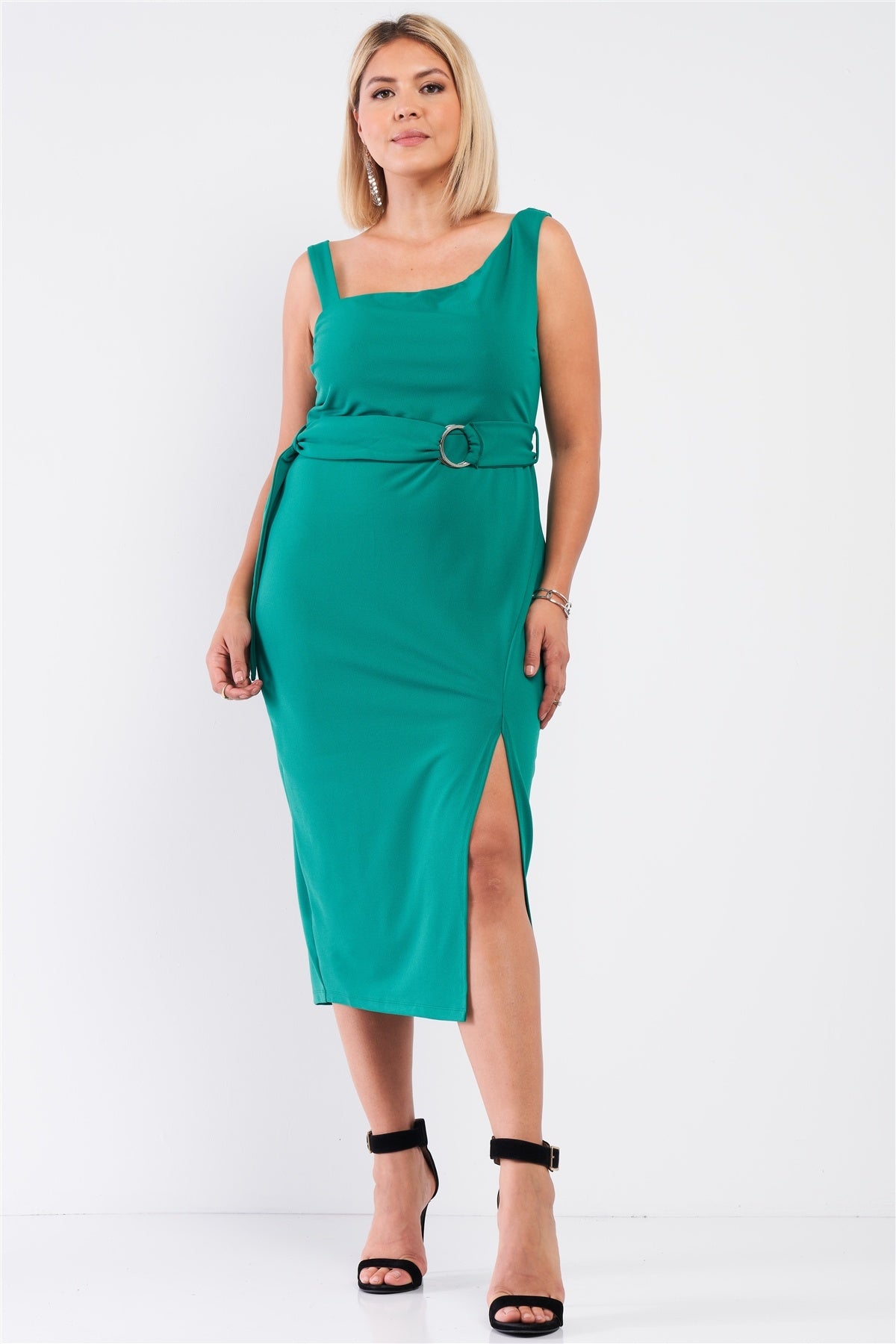 Plus Sleeveless Asymmetrical Shoulder Front Slit Detail Belted Dress | PLUS SIZE, PLUS SIZE DRESSES, SALE, SALE PLUS SIZE, Sea Green | Style Your Curves