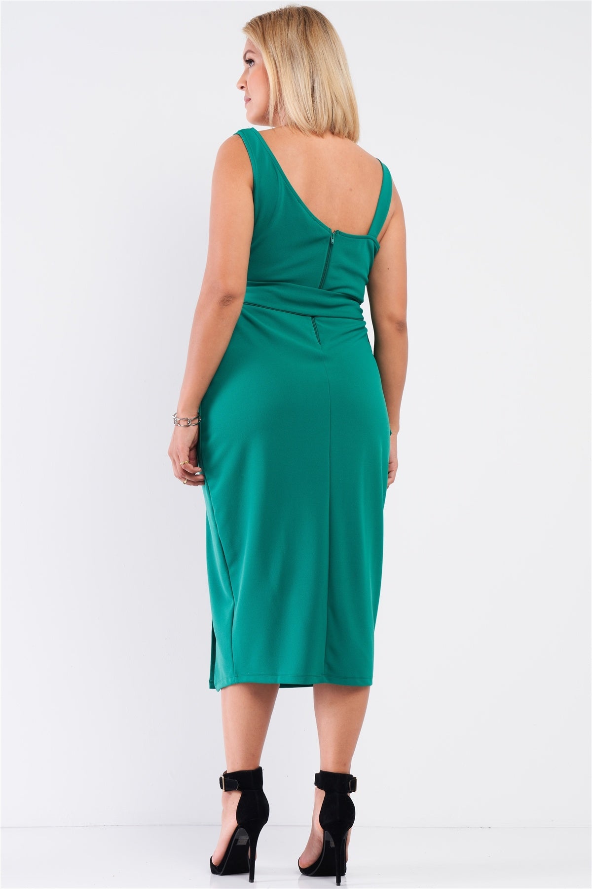 Plus Sleeveless Asymmetrical Shoulder Front Slit Detail Belted Dress | PLUS SIZE, PLUS SIZE DRESSES, SALE, SALE PLUS SIZE, Sea Green | Style Your Curves