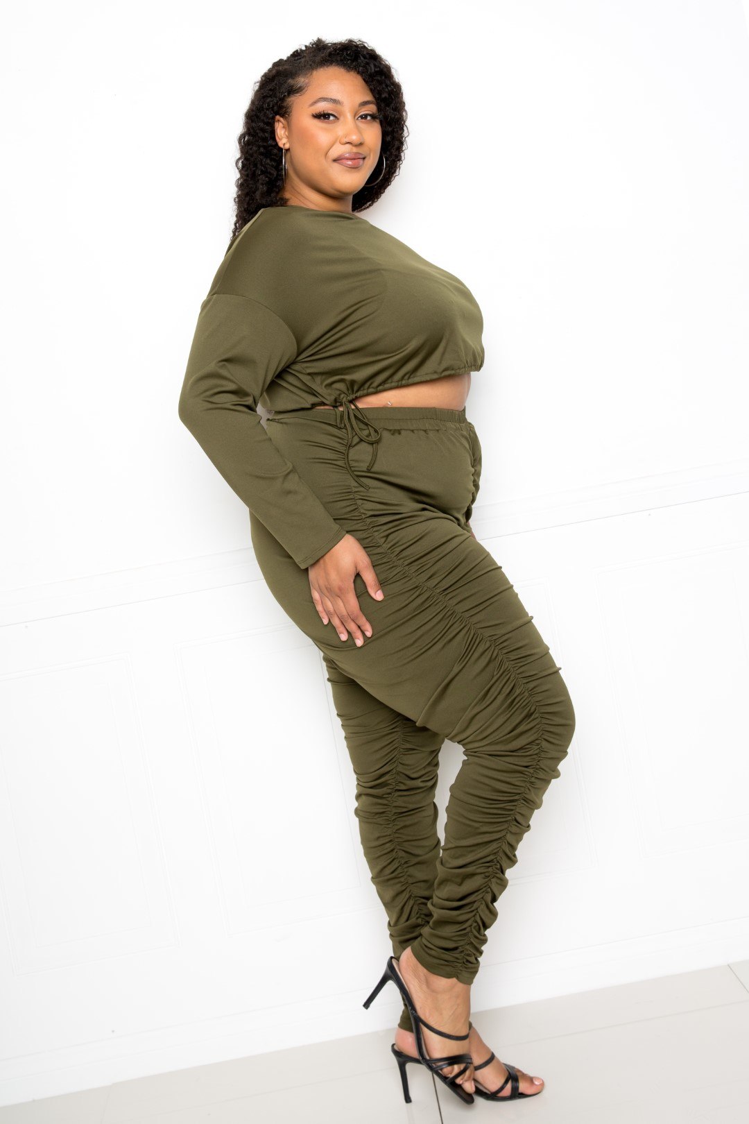 Off Shoulder Cropped Top And Ruched Leggings Sets | Black, Olive, PLUS SIZE, PLUS SIZE SETS, RESTOCKED POPULAR ITEMS, SALE, SALE PLUS SIZE | Style Your Curves