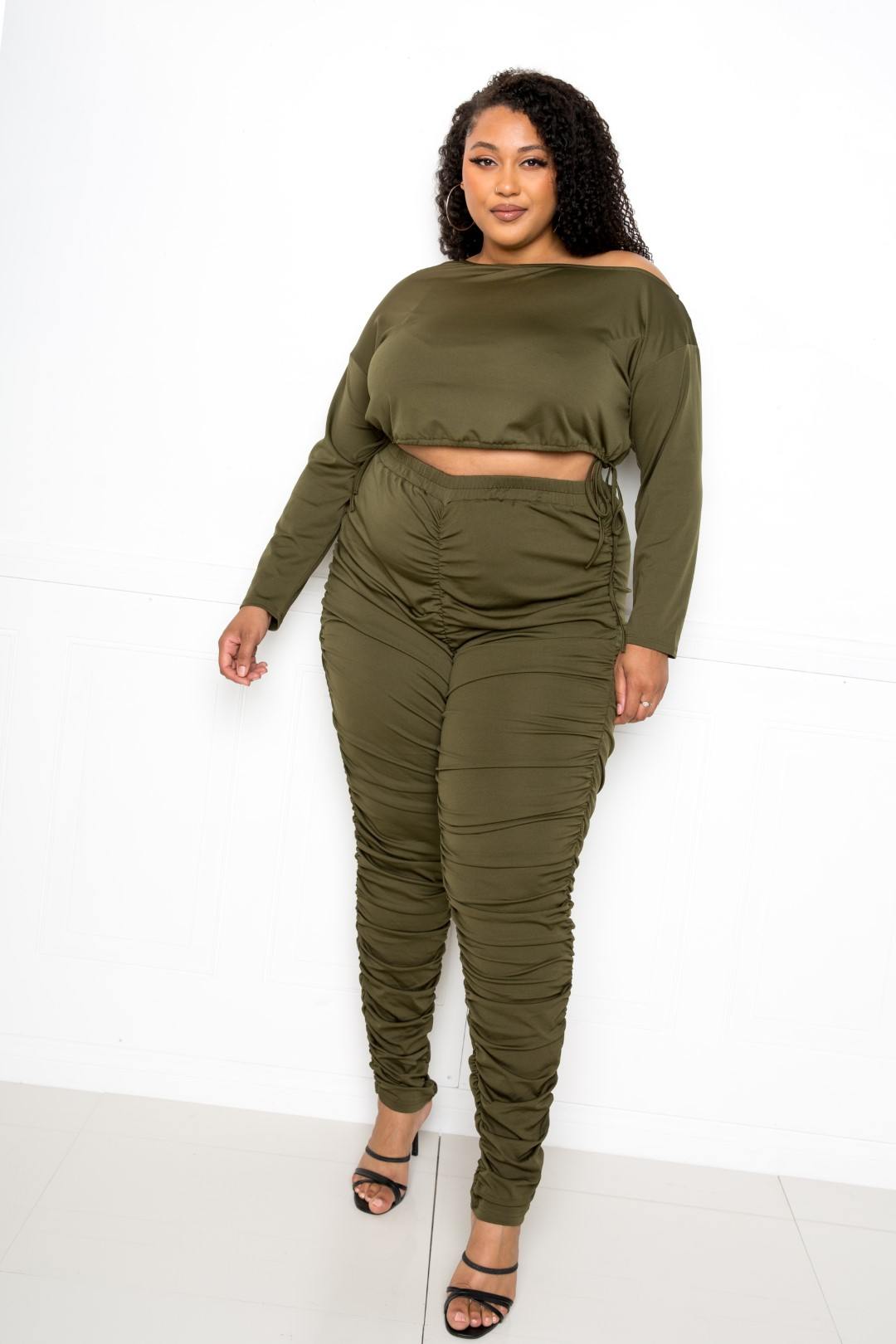 Off Shoulder Cropped Top And Ruched Leggings Sets | Black, Olive, PLUS SIZE, PLUS SIZE SETS, RESTOCKED POPULAR ITEMS, SALE, SALE PLUS SIZE | Style Your Curves