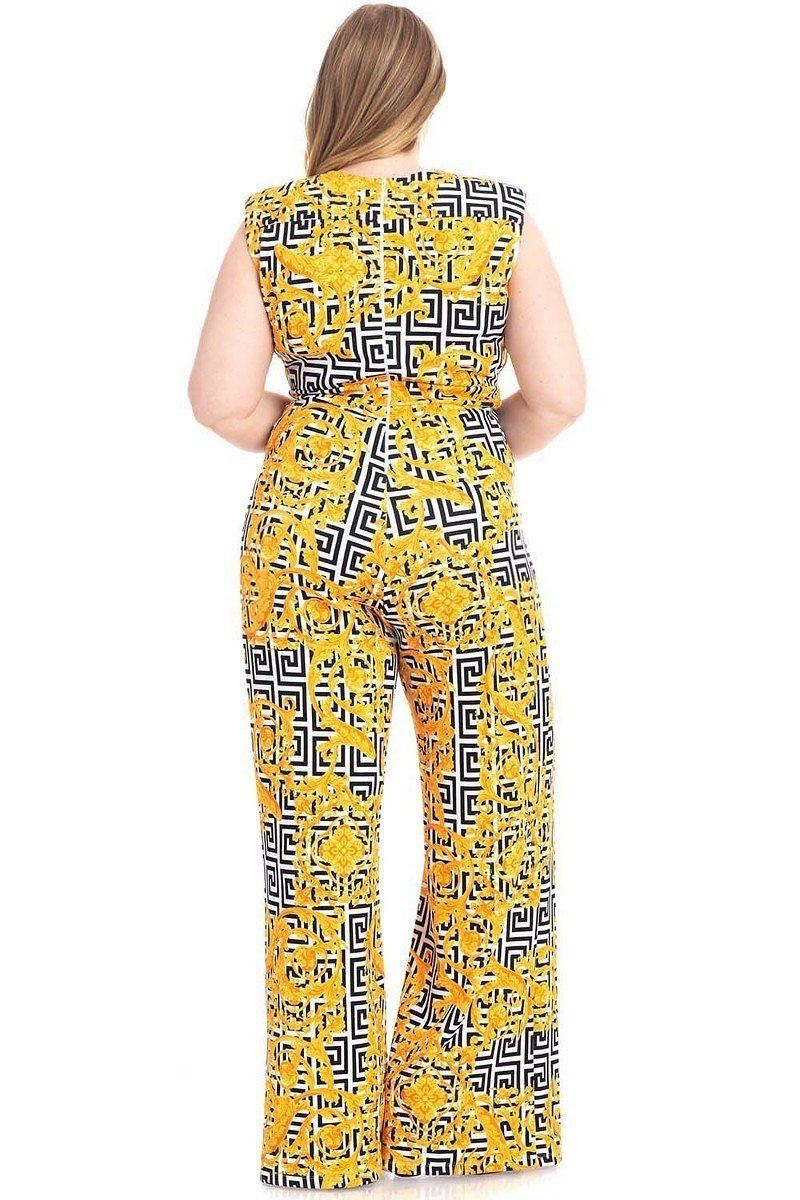 Greek Key Print Formal Jumpsuit | Black/Yellow, MADE IN USA, PLUS SIZE, PLUS SIZE JUMPSUITS & ROMPERS, RESTOCKED POPULAR ITEMS, SALE, SALE PLUS SIZE | Style Your Curves
