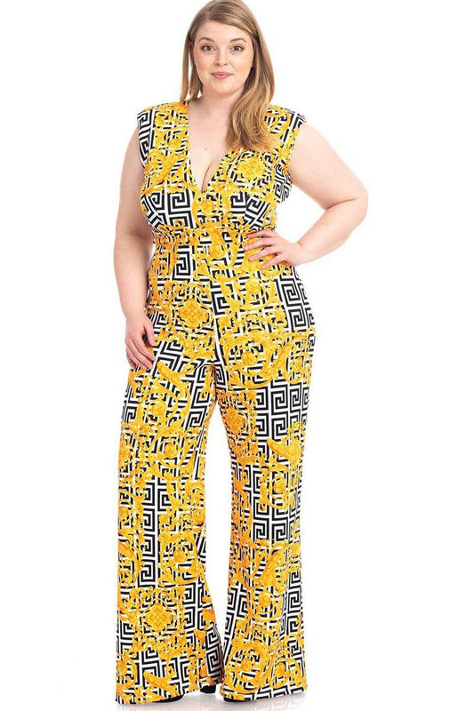 Greek Key Print Formal Jumpsuit | Black/Yellow, MADE IN USA, PLUS SIZE, PLUS SIZE JUMPSUITS & ROMPERS, RESTOCKED POPULAR ITEMS, SALE, SALE PLUS SIZE | Style Your Curves