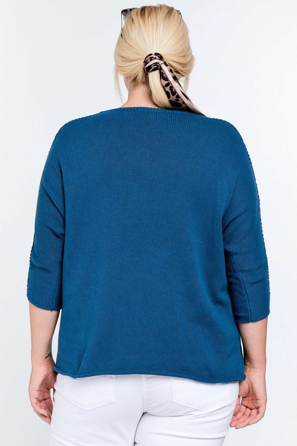 Solid Round Neck 3/4 Sleeve Sweater Top | Black, Blue, PLUS SIZE, PLUS SIZE OUTERWEAR, PLUS SIZE TOPS, SALE, SALE PLUS SIZE | Style Your Curves