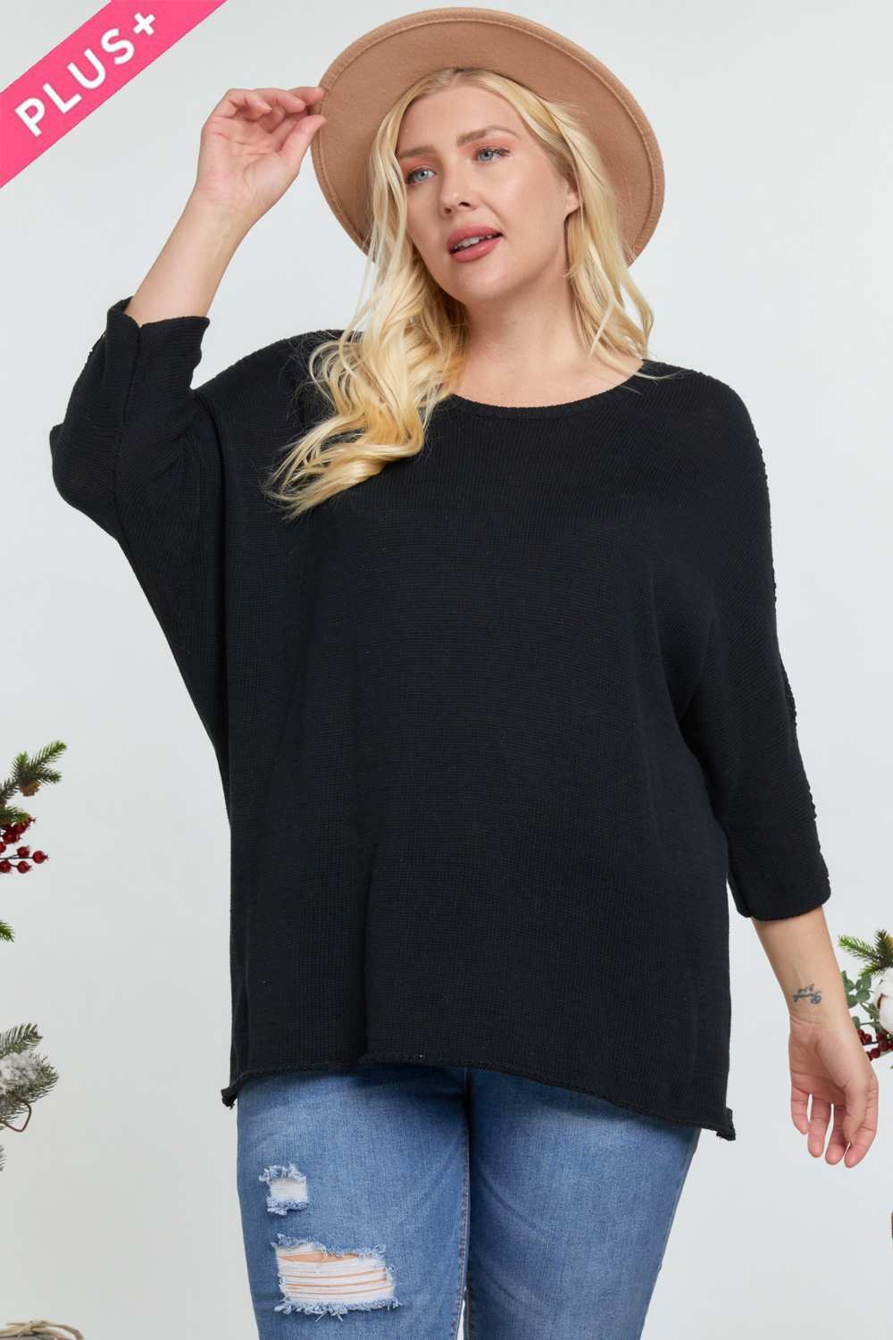 Solid Round Neck 3/4 Sleeve Sweater Top | Black, Blue, PLUS SIZE, PLUS SIZE OUTERWEAR, PLUS SIZE TOPS, SALE, SALE PLUS SIZE | Style Your Curves