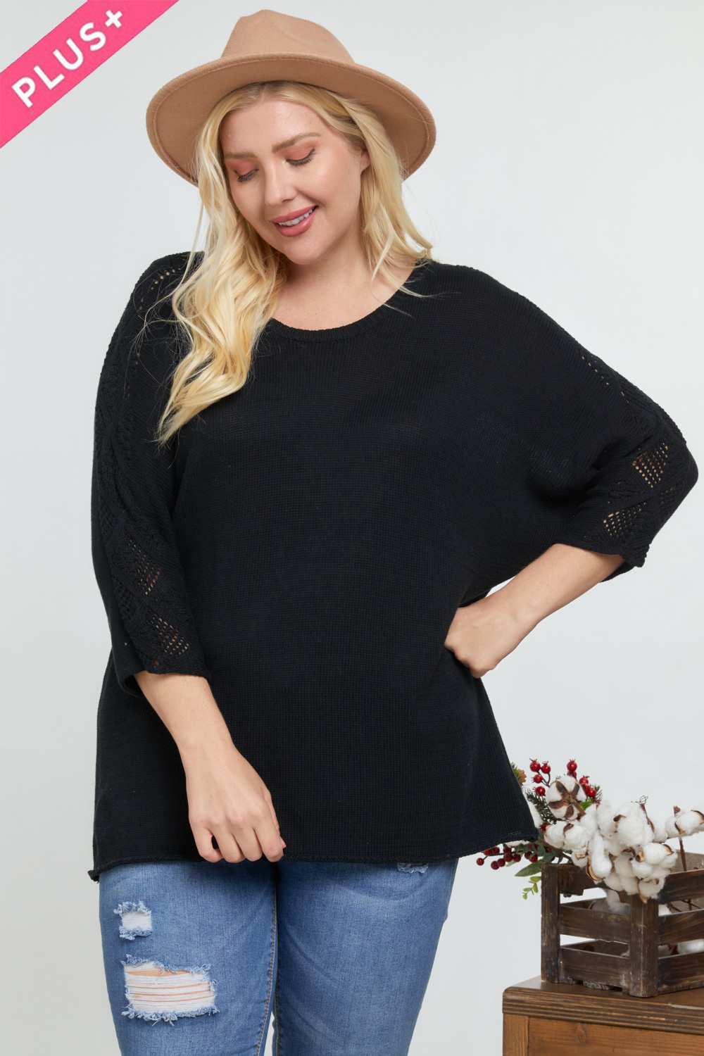 Solid Round Neck 3/4 Sleeve Sweater Top | Black, Blue, PLUS SIZE, PLUS SIZE OUTERWEAR, PLUS SIZE TOPS, SALE, SALE PLUS SIZE | Style Your Curves