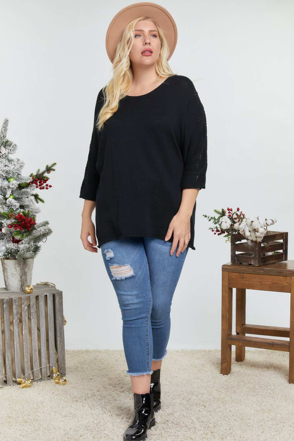 Solid Round Neck 3/4 Sleeve Sweater Top | Black, Blue, PLUS SIZE, PLUS SIZE OUTERWEAR, PLUS SIZE TOPS, SALE, SALE PLUS SIZE | Style Your Curves