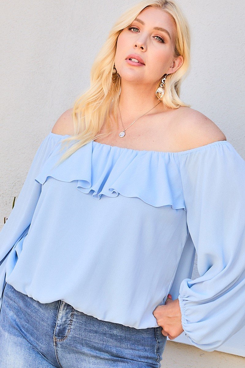 Off Shoulder Ruffle Bubble Sleeve Top | Dusty Blue, PLUS SIZE, PLUS SIZE TOPS, SALE, SALE PLUS SIZE, White | Style Your Curves